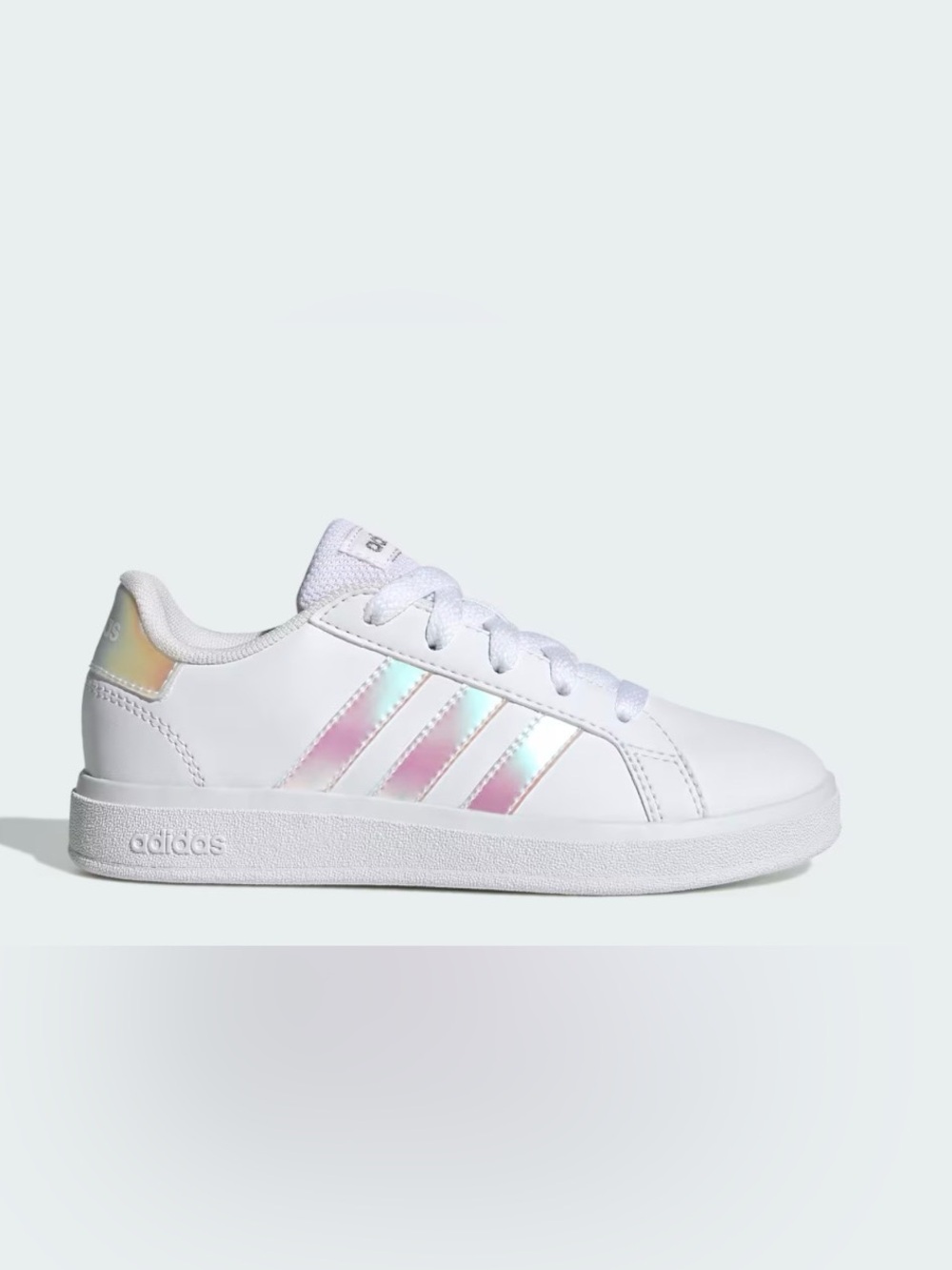 adidas White Sneaker with Iridescent Pink and Blue Stripes
